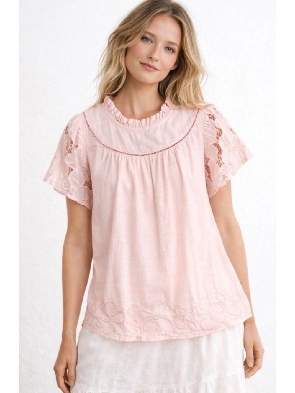 Mira Cotton Eyelet Peasant Top Womens XL Pink Ruffles Neck Short Sleeve Feminine